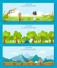 Hiking camping adventure vector illustrations. Cartoon flat banner collection with hiker tourist character backpacking, camper people sitting by campfire and tent in nature forest, outdoor tourism set