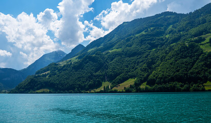 Fototapeta na wymiar Amazing tourquise Lake Lungern and Swiss Alps, Obwalden, Switzerland, Europe.