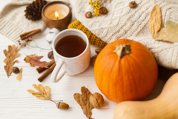 Fototapeta premium Warm tea, pumpkins and spices on background of cozy knitted sweaters, autumn leaves and candle