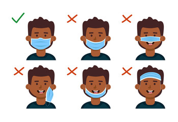 How to use a face mask correctly. Explanation with the boy. Vector cartoon illustration.