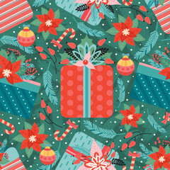 Merry Christmas and Happy New Year seamless pattern with Christmas toys, poinsettia, candy cane and gifts. Ornate holiday elements on the background of fir branches. Vector illustration in retro style