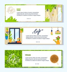 Vegan vegetarian green cafe vector illustrations. Cartoon flat banner collection with modern interior and furniture of veggie cafeteria or restaurant, window facade with green plants, potted flowers
