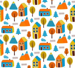 Cute autumn village colorful seamless vector pattern