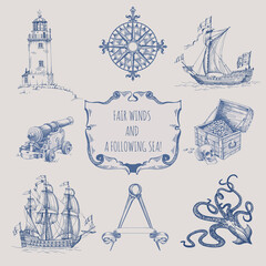 Set of decorative elements for the design of an old geographical map. Ancient ship, octopus, wind rose, frame, cartouch, chest with gold, compasses, cannon and lighthouse