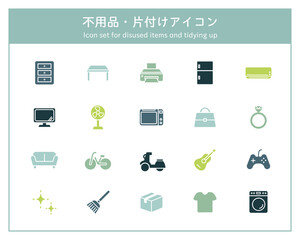 不用品回収のアイコンのセット／片付け／家具／家電／粗大ごみ／リサイクル／再利用／断捨離／掃除／買収