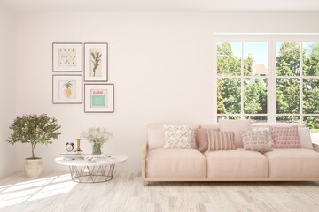White living room with sofa and summer landscape in window. Scandinavian interior design. 3D illustration