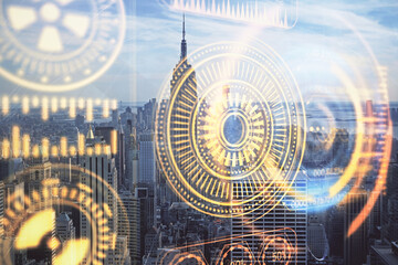 Fototapeta premium Double exposure of technology theme hologram and cityscape background. Concept of Hightech.