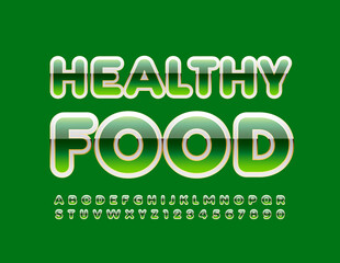 Vector eco sign Healthy Food. Green and White Modern Font. Set of Glossy Alphabet Letters and Numbers