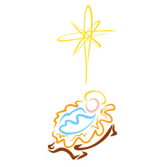 Baby Jesus in a manger and a star shining over Him