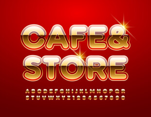 Vector stylish emblem Cafe & Store. Glossy Red and Gold Font. Luxury Alphabet Letters and Numbers set