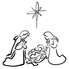 Shining star over Jesus in the manger, Mary and Joseph
