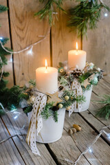 Burning candles at Christmas time. Advent candles. Advent wreath. Xmas background