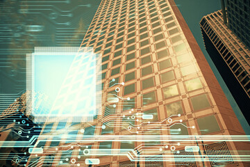 Naklejka na ściany i meble Data theme hologram drawing on city view with skyscrapers background multi exposure. Bigdata concept.