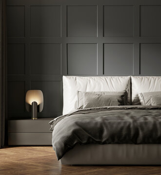 3d Rendering Of A Masculine Grey Minimal Elegant  Bedroom With Black Wall And Nightstand	With Modern Table Lamp