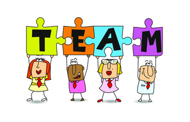Good team members for business success.
Success in this competitive field will depend on good team work. Businessmen and businesswomen hold puzzle pieces in their hands. 