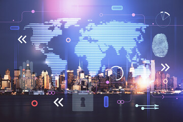 Map and data theme hologram on city view with skyscrapers background double exposure. International technology in business concept.