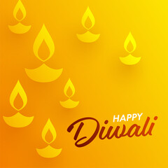 Happy Diwali Font With Illuminated Oil Lamps (Diya) Decorated On Yellow Background.