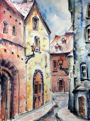 Watercolor colorful bright textured abstract background handmade . Mediterranean landscape . Painting of architecture  of the old medieval town, made in the technique of watercolors from nature