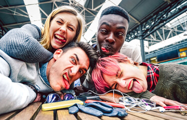 Drunk friends taking selfie with crazy funny faces at indoor event - Happy friendship concept on...