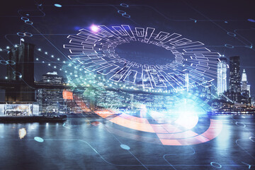 Data theme hologram drawing on city view with skyscrapers background multi exposure. Ai concept.