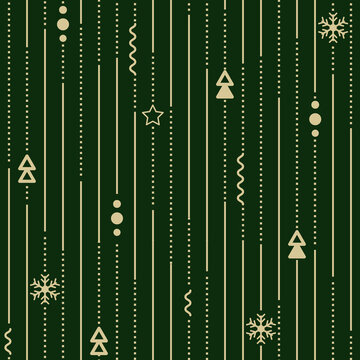 Seamless pattern for Christmas with snowflakes, memphis elements, dashed stroke and stripes for greeting cards, wrapping paper, fabric and Website background. Vector illustration © ychty