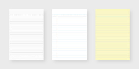 Notebook paper set. Sheet of lined paper template. Mockup isolated. Template design. Realistic vector illustration.