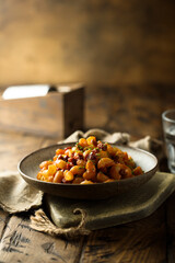 Pasta with tomato sauce and salami