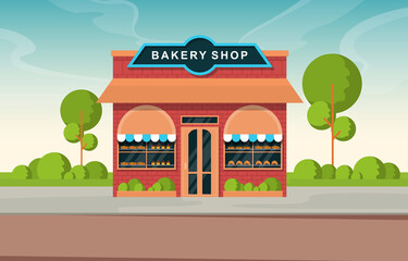 Showcase Bakery Shop Food Store Facade Street Cartoon Illustration