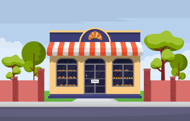 Showcase Bakery Shop Food Store Facade Street Cartoon Illustration