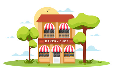 Showcase Bakery Shop House Food Store Facade Cartoon Illustration