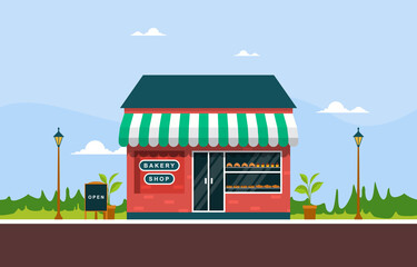 Showcase Bakery Shop Food Store Facade Street Cartoon Illustration