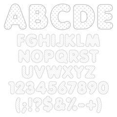Rippled alphabet, letters, numbers and signs with polka dots. Set of isolated vector black and white objects on a white background.
