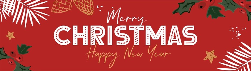Fototapeta premium Horizontal banner greeting with winter holidays. Lettering Christmas in Scandinavian style is isolated on red with fir branches, cones. Background invitations for the new year. Vector illustration.