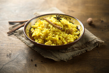 Delicious rice with spices in a bowl