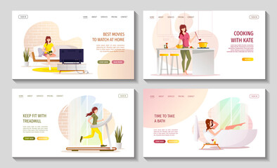 Obraz na płótnie Canvas Set of web pages for home activities or leisure. Stay home concept. Woan watching TV, taking bath, running on a treadmill, cooking food. Vector illustration for poster, banner, website.