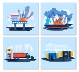 Oil gas industry eco accident vector illustration. Cartoon flat ecological environment disaster collection with flaming offshore rig platform on fire, flame on industrial ship supertanker, spilled oil © Seahorsevector