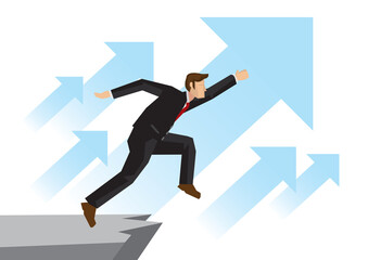 Business man running upward with flying blue arrows over the cliff. Concept of corporate growth, challenge or progress in his organisation. Isolated vector concept illustration.