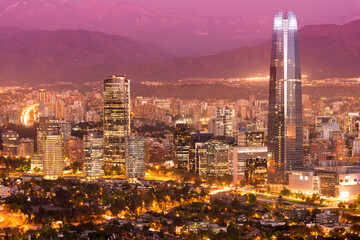 Skyline of Santiago de Chile at dusk.