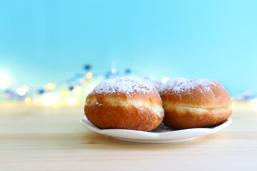 Banner of jewish holiday Hanukkah with wooden dreidels (spinning top)