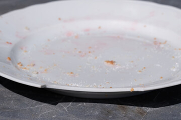 Used dirty white plate with a piece off. Crumbs and sugar granules are on it