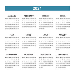 Vector calendar for 2021 year. Week starts monday