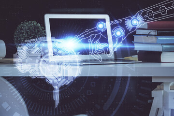 Double exposure of desktop computer and human brain drawing hologram. Ai concept.