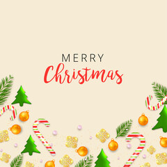 Christmas banner. Beige background Xmas design of sparkling lights garland, with snowflake and glitter confetti. Horizontal christmas poster, greeting cards, headers, website