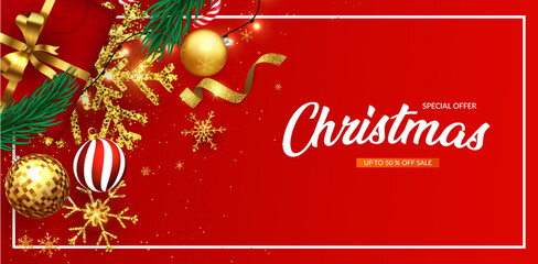 Christmas banner. Red background Xmas design of sparkling lights garland, with snowflake and glitter confetti. Horizontal christmas poster, greeting cards, headers, website