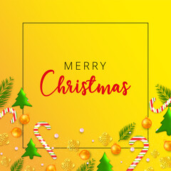 Christmas banner. Yellow background Xmas design of sparkling lights garland, with snowflake and glitter confetti. Horizontal christmas poster, greeting cards, headers, website