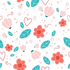 Floral seamless pattern with doodle flowers and leaves. Vector illustration
