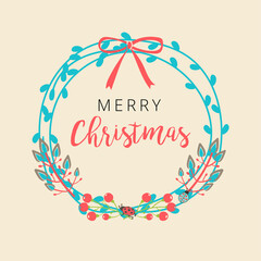 Merry christmas doodle greeting card with vintage christmas symbols isolated on beige background.