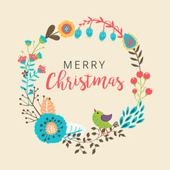 Merry christmas doodle greeting card with vintage christmas symbols isolated on beige background.