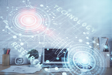 Multi exposure of desktop with personal computer and tech theme drawing. Concept of Bigdata.