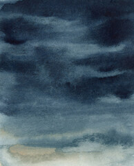 dark watercolor abstract background Hand painted . Aquarelle painted paper textured canvas for vintage design, invitation card, template. Sky shades simple indigo color illustration.